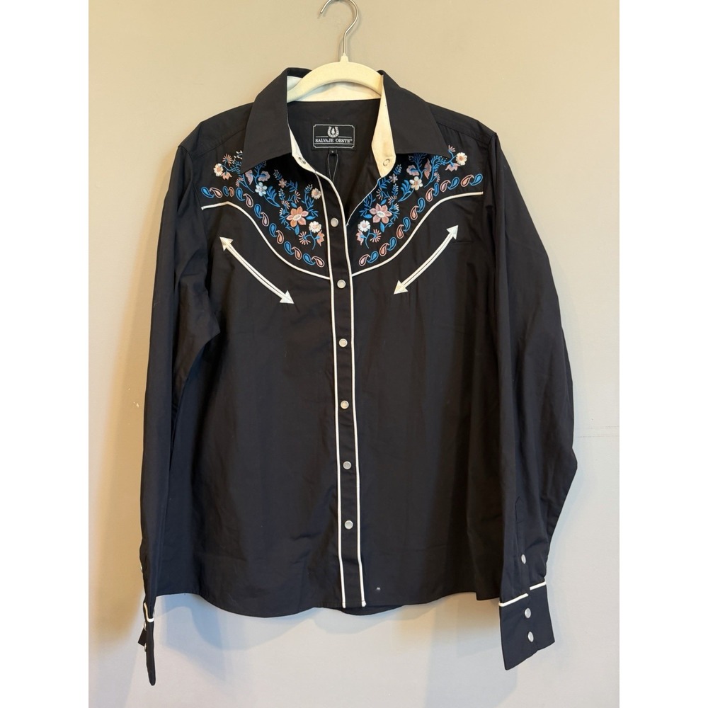 Salvaje Oeste Western Shirt Men Size Large Black Pearl Snap Embroidered